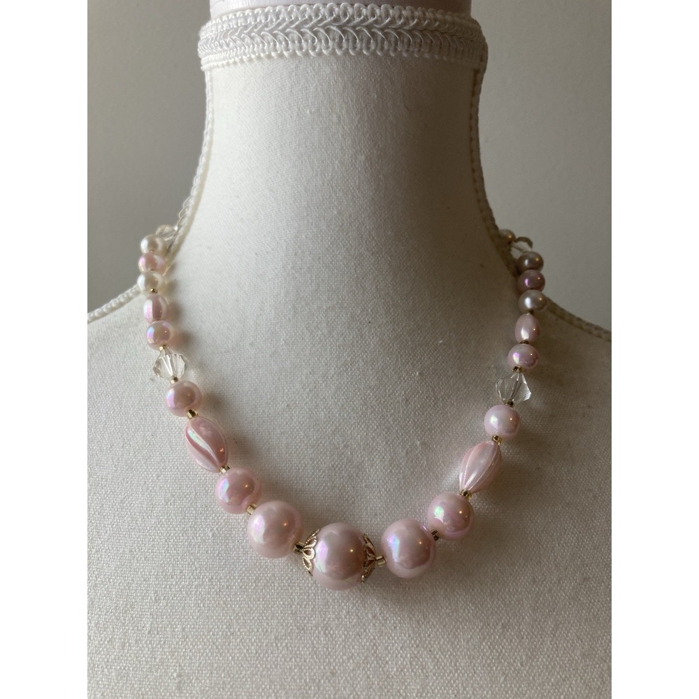 Vintage Pink Aurora Borealis Bead Necklace Faux Pearl Crystal Romantic Party